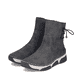 Dunkelgraue Rieker Damen Kurzstiefel 45990-45 mit einem Reißverschluss. Schuhpaar seitlich schräg.