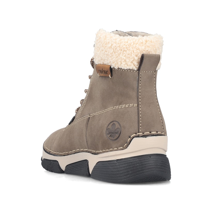 Grau-beige Rieker Damen Schnürstiefel 45925-25 mit wasserabweisender TEX-Membran. Schuh von hinten.