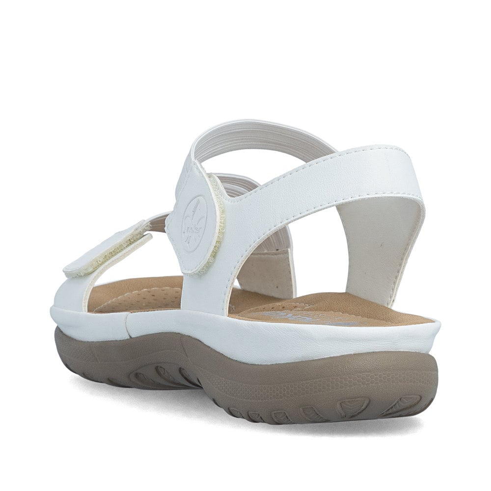 Weiße Rieker Damen Trekkingsandalen 64870-81 mit einem Klettverschluss. Schuh von hinten.