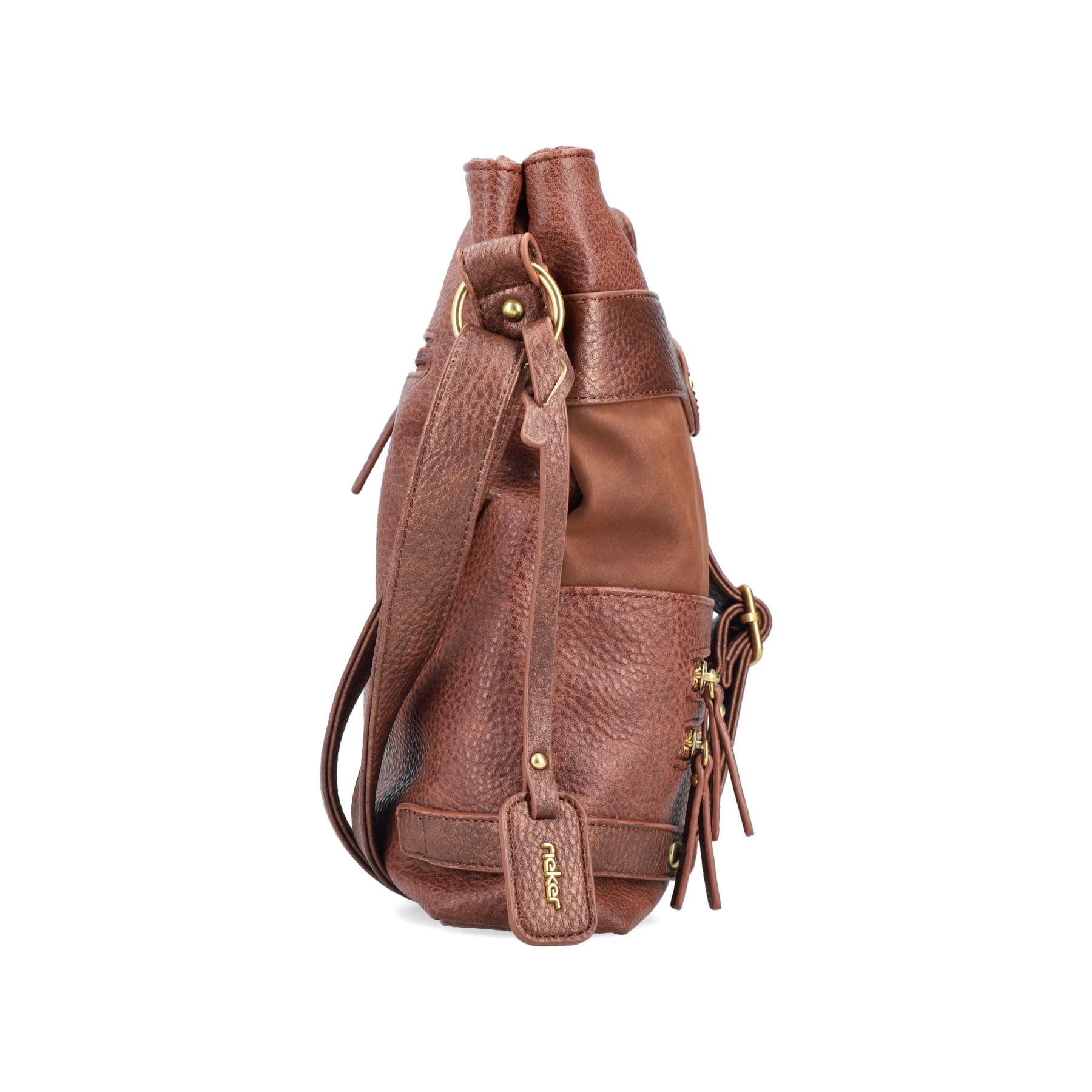 Sac bandoulière Rieker H1346-22 en marron avec plusieurs compartiments intérieurs et une fermeture éclair. Côté droit.
