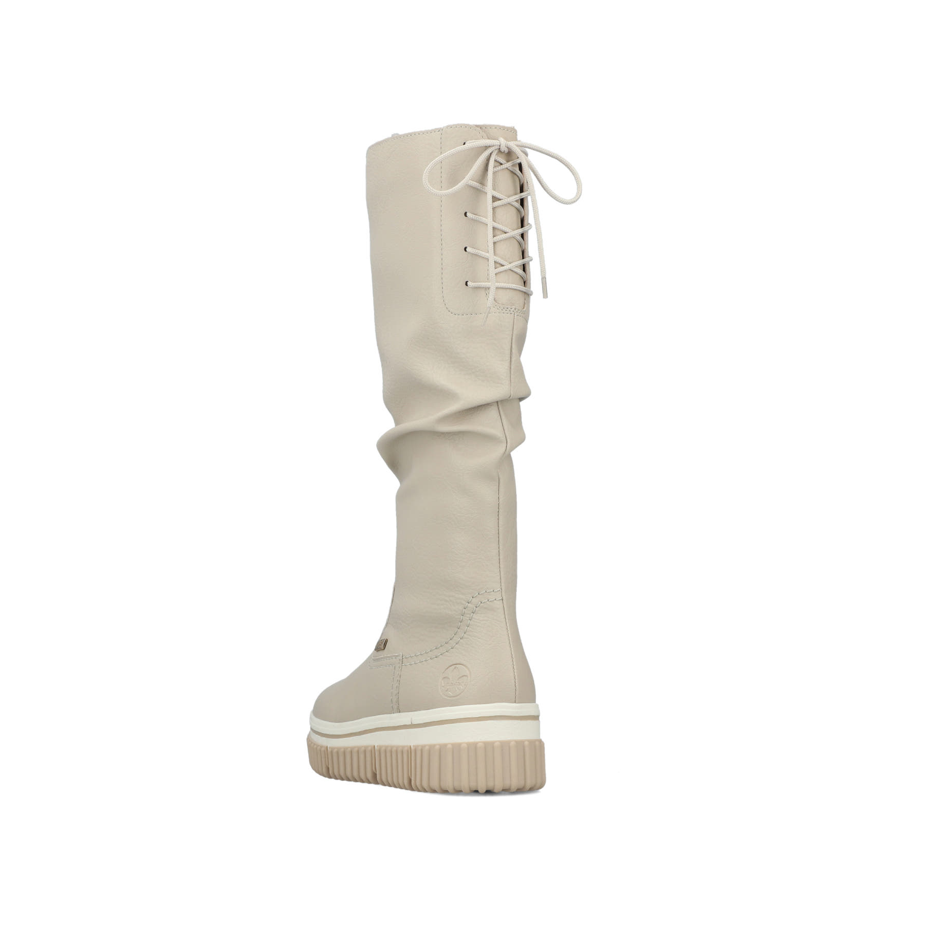 Cremefarbene Rieker Damen Hochschaftstiefel Y6370-60 mit gerafftem Schaft. Schuh von hinten.