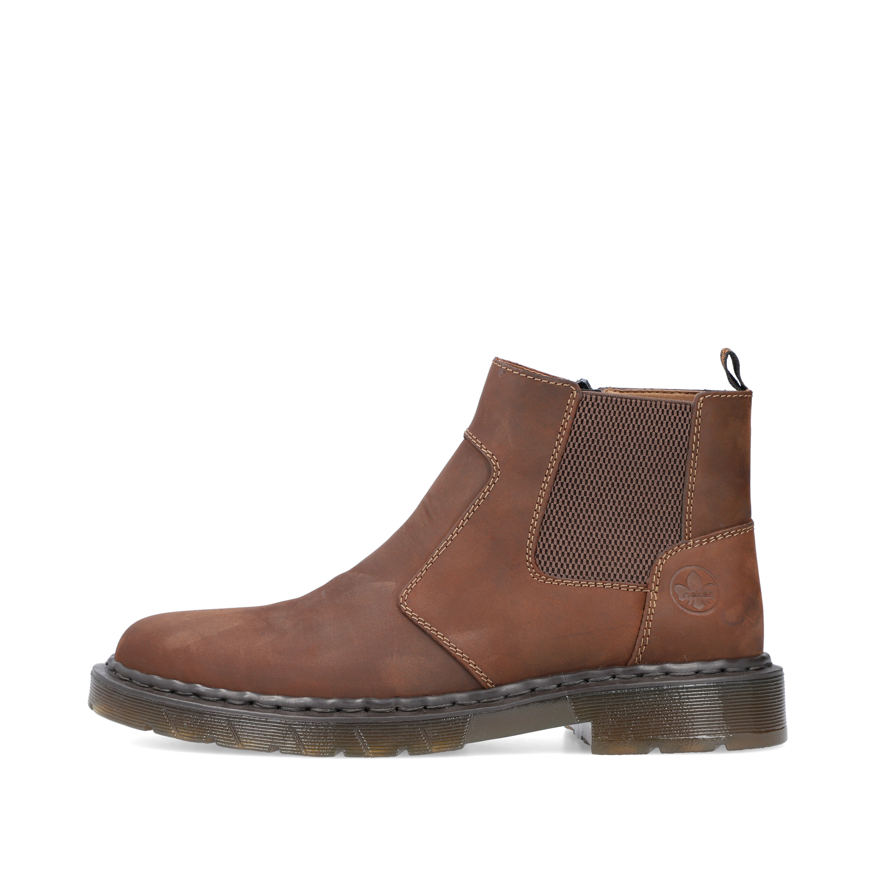 Nougatbraune Rieker Herren Chelsea Boots 31650-23 mit einer robusten Profilsohle. Schuh Außenseite