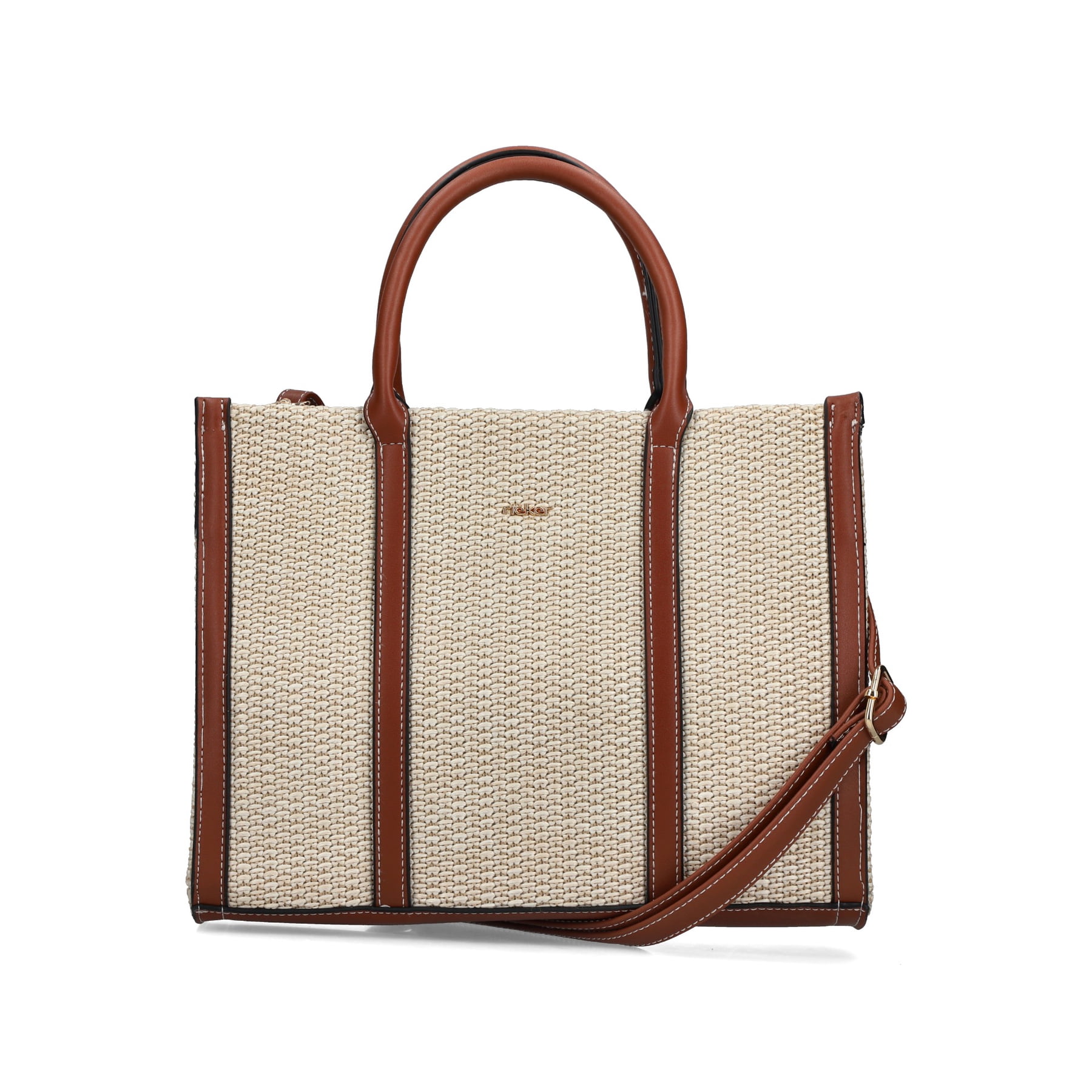 Sac à main Rieker H1013-60 beige avec aspect raphia et fermeture éclair. Devant.