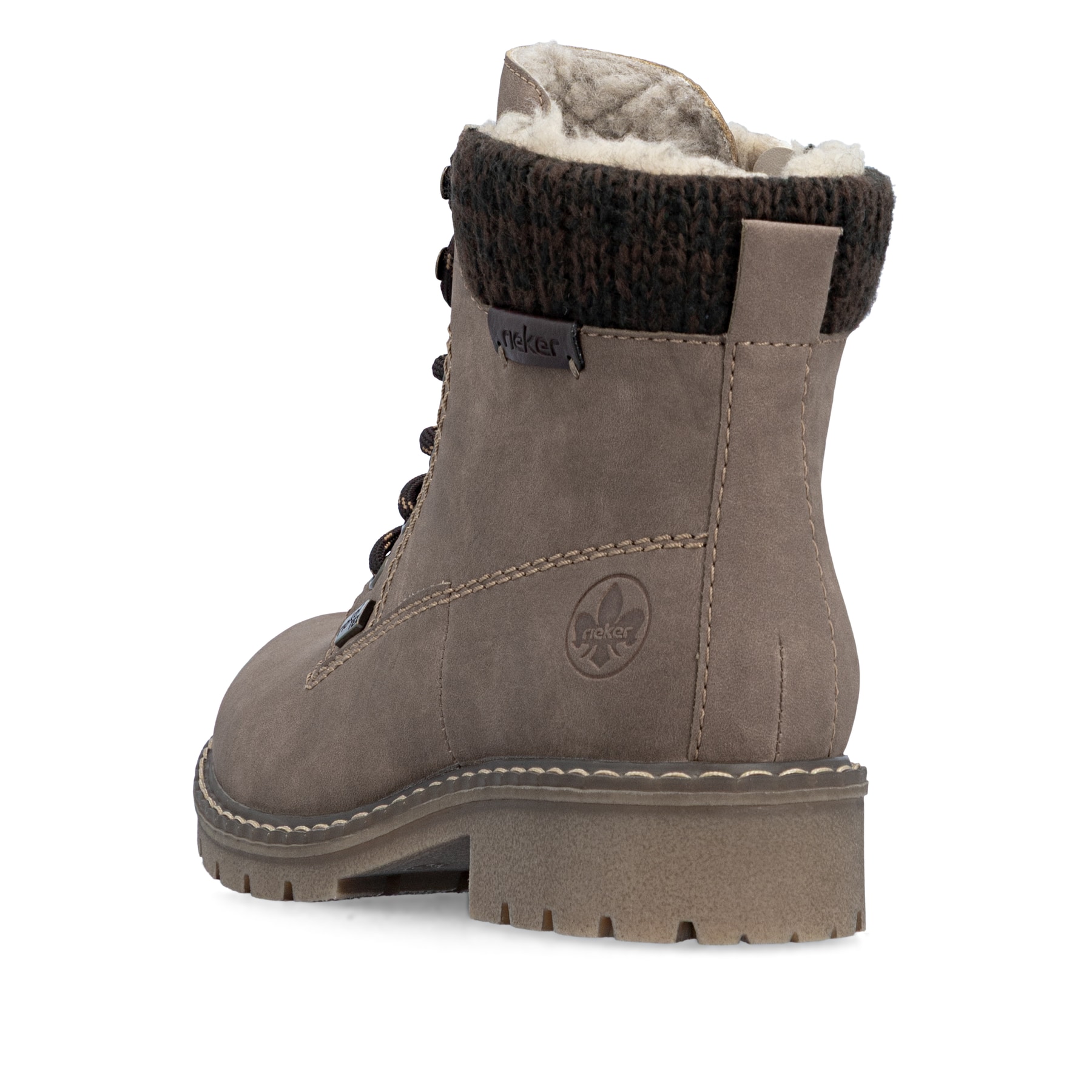 Zimtfarbene Rieker Damen Schnürstiefel Y9118-24 mit Strick-Kragen. Schuh von hinten.