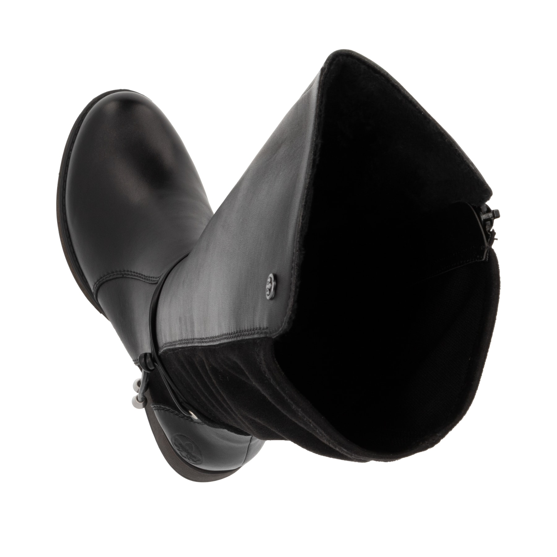 Schwarze Rieker Damen Hochschaftstiefel Z9564-00 aus Glattleder. Schuh von oben, liegend.