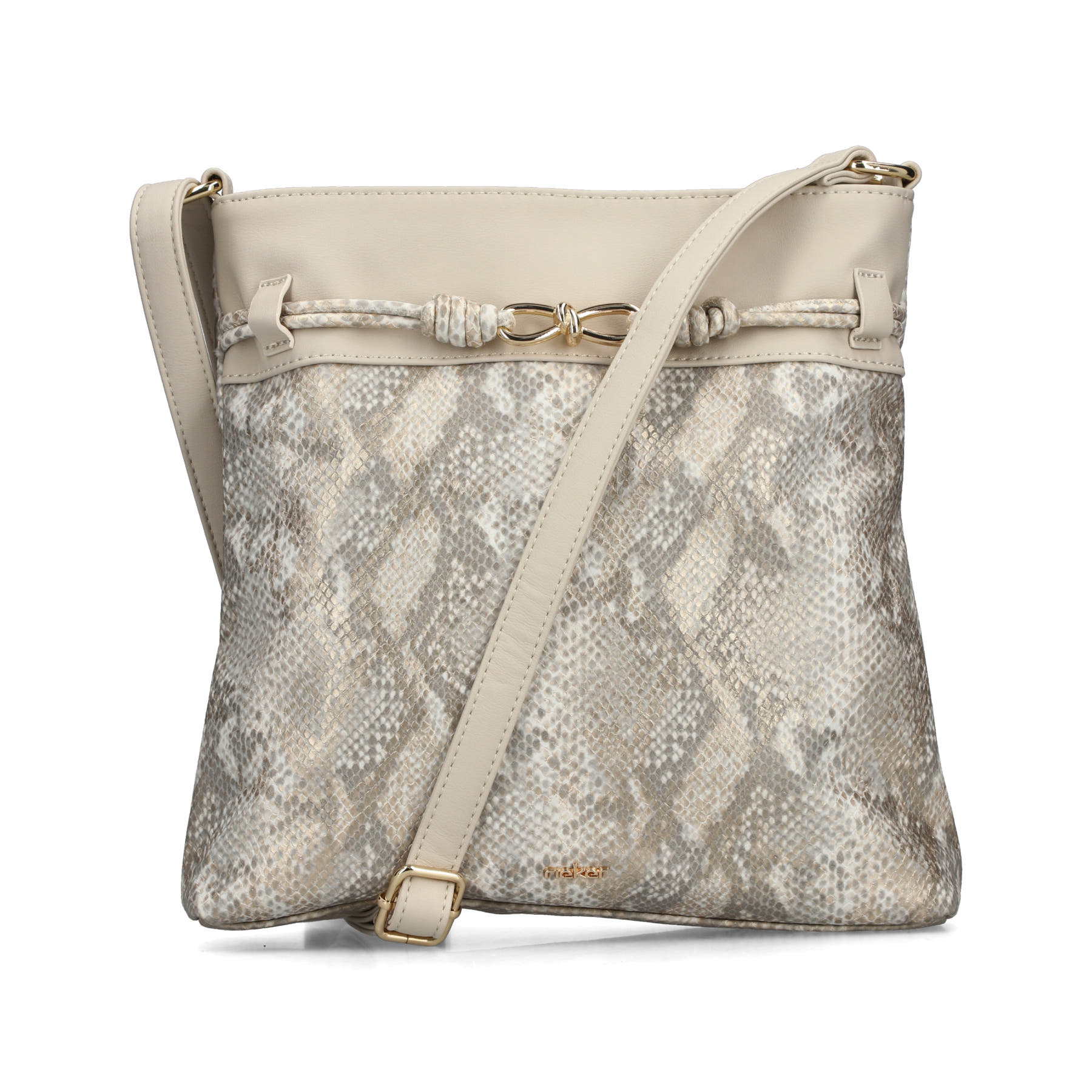 Sac à bandoulière Rieker H1032-90 doré avec motif serpent et fermeture éclair. Devant.