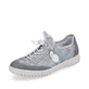 Blaue Rieker Damen Slipper N0963-12 mit Gummischnürung sowie verwaschenem Look. Schuh seitlich schräg.