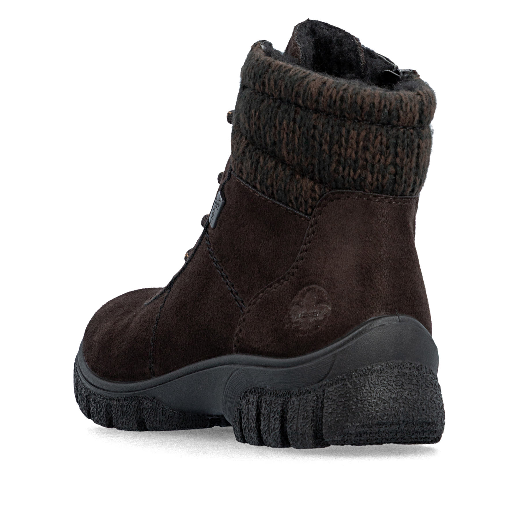 Dunkelbraune Rieker Damen Schnürstiefel Z7220-25 mit Strick-Kragen. Schuh von hinten.