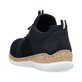 Blaue Rieker Damen Slipper N4290-14 mit einem Gummizug. Schuh von hinten.