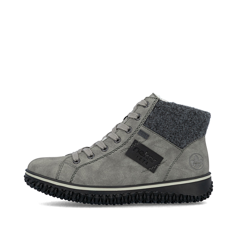 Graue Rieker Damen Schnürstiefel Z4230-40 mit wasserabweisender TEX-Membran. Schuh Außenseite.