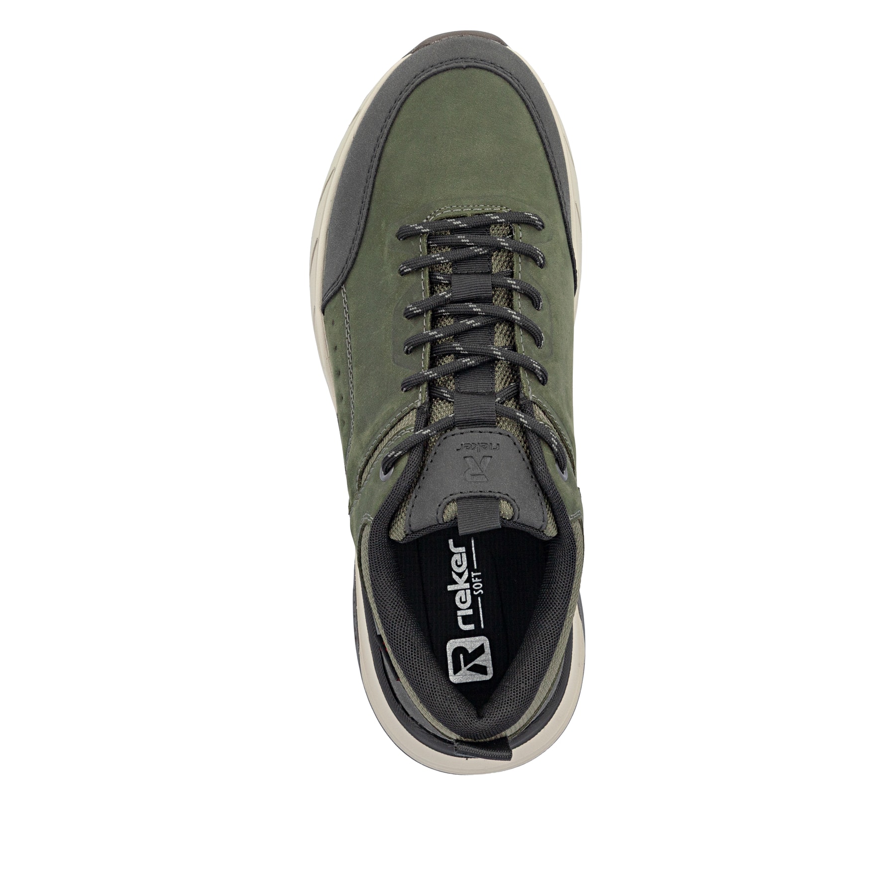 Dunkelgrün-schwarze Rieker Herren Sneaker Low 06103-54 mit einer Schnürung. Schuh von oben.
