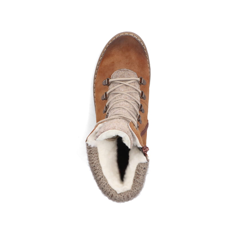 Braune Rieker Damen Schnürstiefel Y9131-24 mit wasserabweisender TEX-Membran. Schuh von oben.