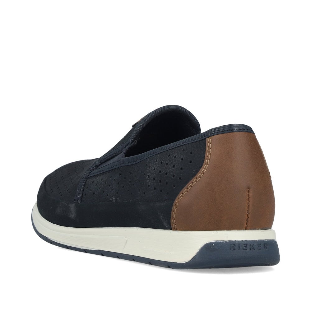Blaue Rieker Herren Slipper 11955-14 aus Glattleder mit einem Gummizug. Schuh von hinten.