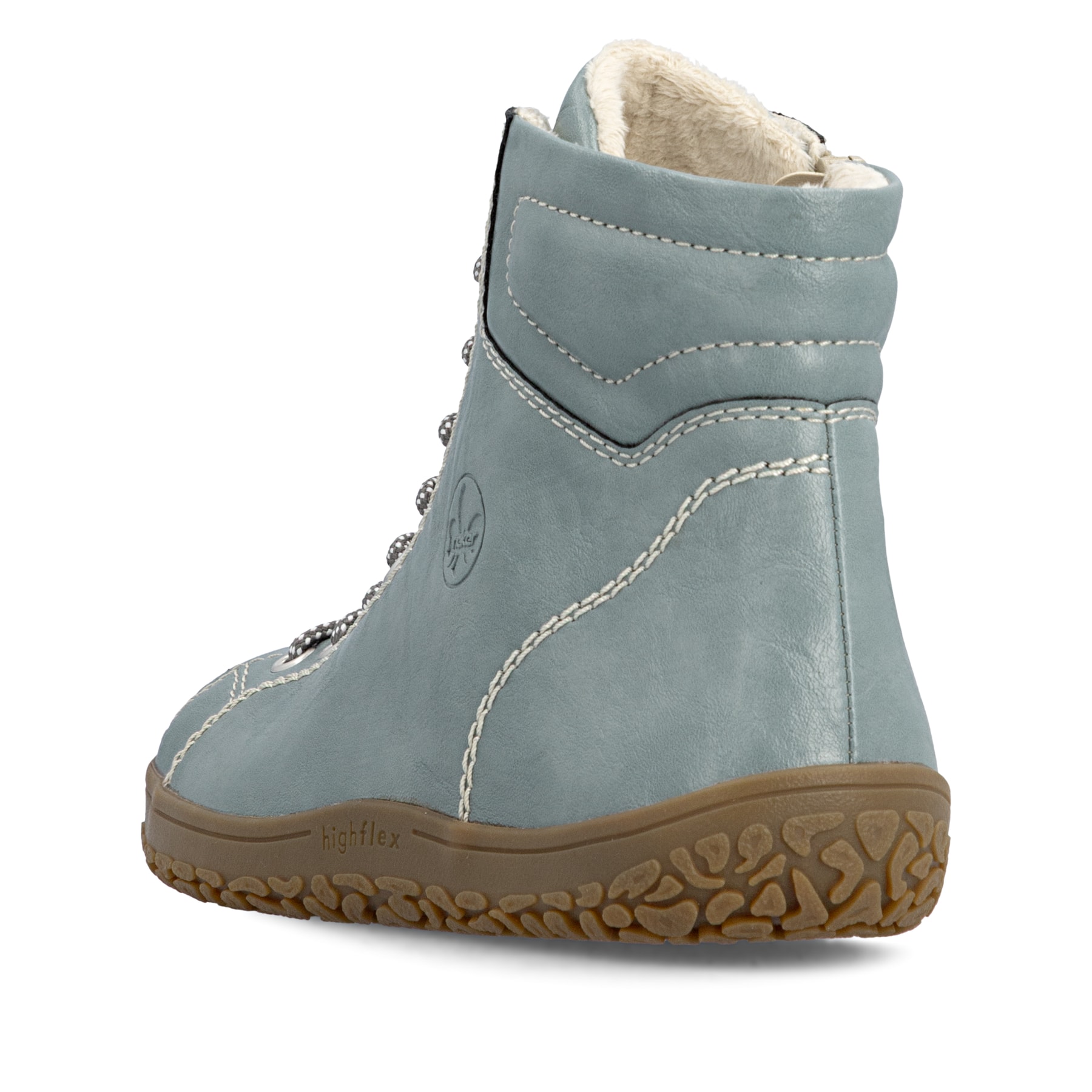 Bottes à lacets Rieker vertes pour femmes 52304-52 avec fermeture éclair. Chaussure vue de l'arrière.