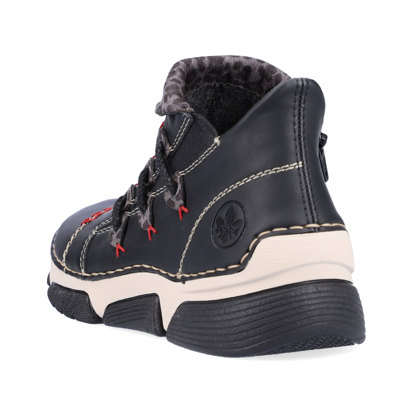 Schwarz-graue Rieker Damen Kurzstiefel 45983-00 mit einem Reißverschluss. Schuh von hinten.