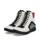 Weißschwarze Rieker Damen Schnürstiefel 45904-60 mit einem Reißverschluss. Schuhpaar seitlich schräg.