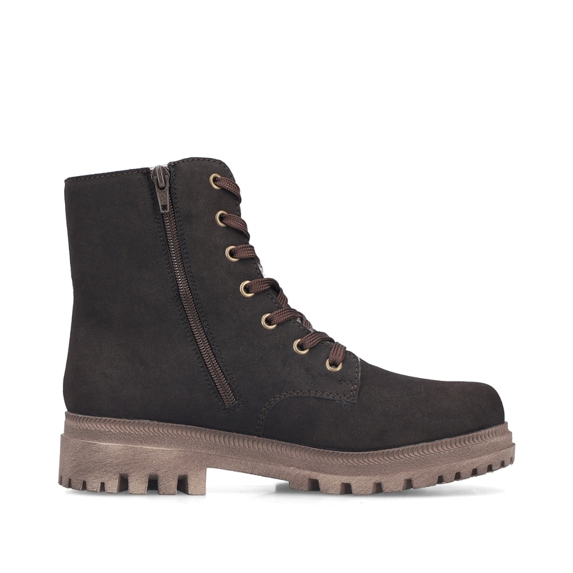 Dunkelbraune Rieker Damen Biker Boots Y7622-25 mit einem Reißverschluss. Schuh Innenseite.