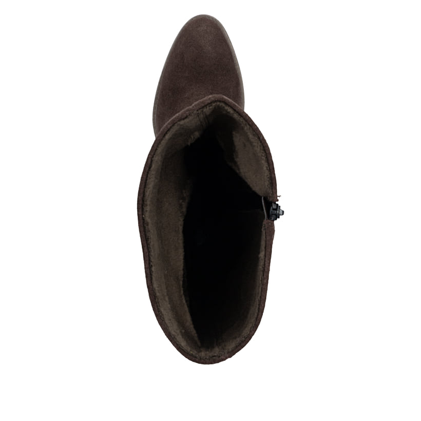 Dunkelbraune Rieker Damen Hochschaftstiefel 73159-25 aus Rauleder. Schuh von oben.