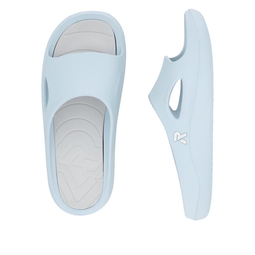 Blaue Rieker Damen Pantoletten W3450-10 mit flexibler und ultraleichter Sohle. Schuh von oben, liegend.