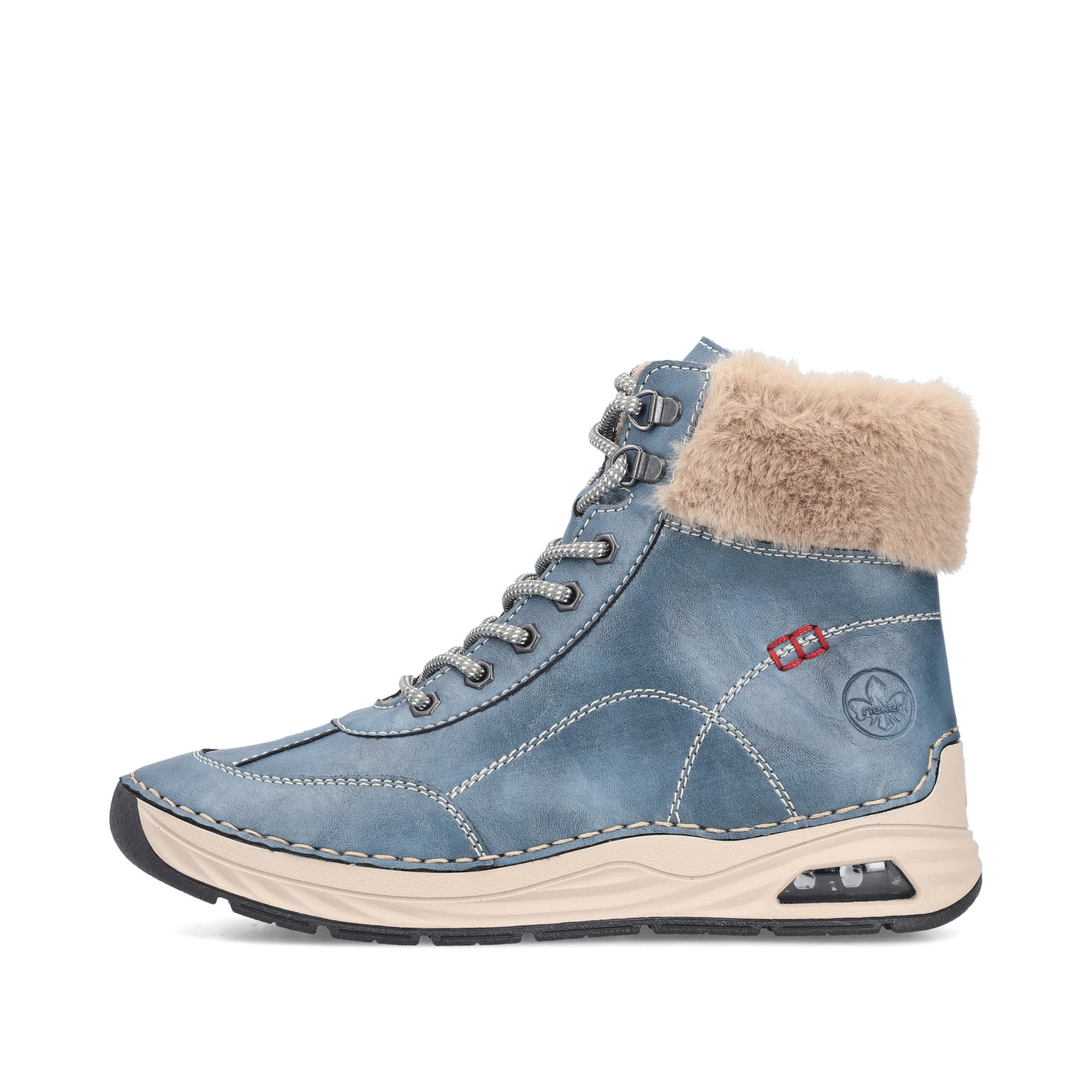 Blaubeige Rieker Damen Schnürstiefel 44530-14 mit Rieker Air Sohlenfenster. Schuh Außenseite.