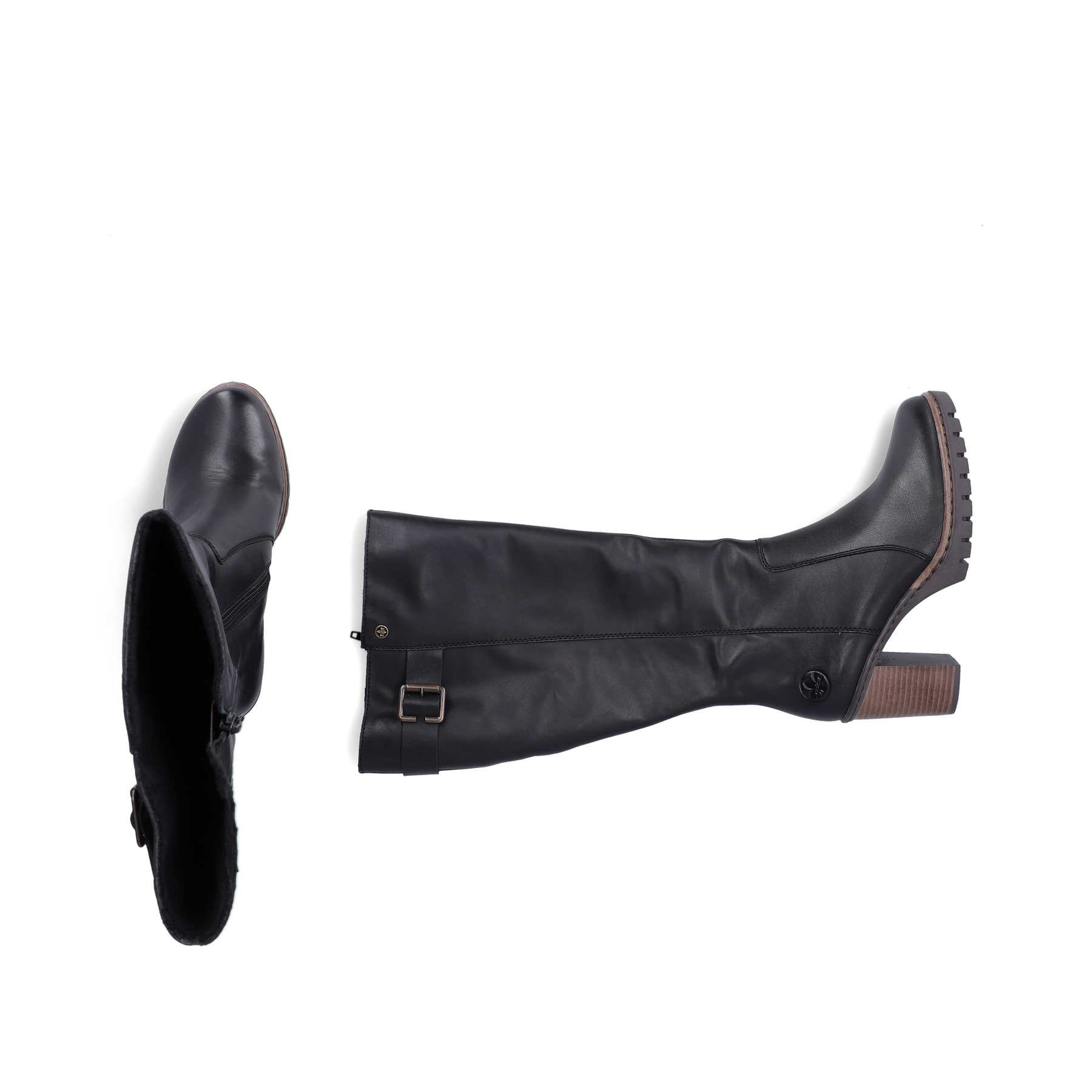 Schwarze Rieker Damen Hochschaftstiefel Y2581-00 aus Glattleder. Schuh von oben, liegend.