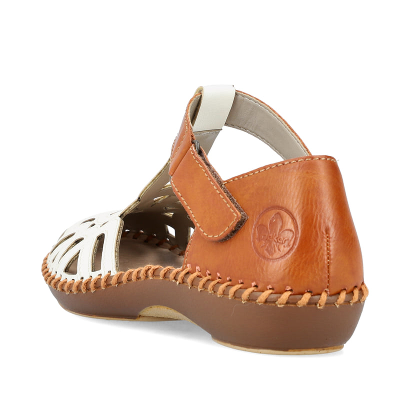 Weiße Rieker Damen Riemchensandalen M1678-80, Barfußschuhe mit Klettverschluss. Schuh von hinten.