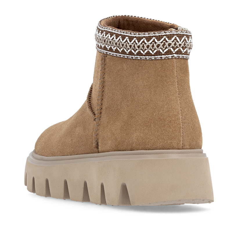 Hellbraune Rieker Damen Kurzstiefel W2074-24 aus Rauleder mit Schaftkragen. Schuh von hinten.