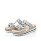 Blaue Rieker Damen Pantoletten V7986-12 mit einem Klettverschluss. Schuhpaar seitlich schräg.