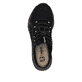 Schwarze Rieker Damen Clogs M6091-00 mit einem Gummizug sowie flexibler Sohle. Schuh von oben.