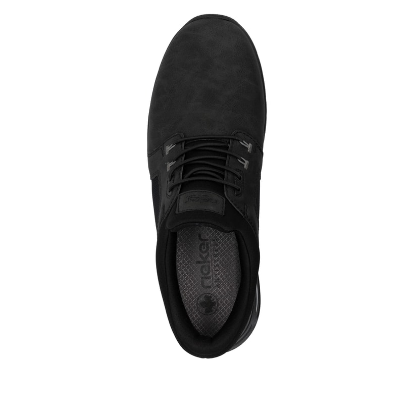 Schwarze Rieker Herren Slipper B1053-00 mit Rieker Air Sohlenfenster. Schuh von oben.