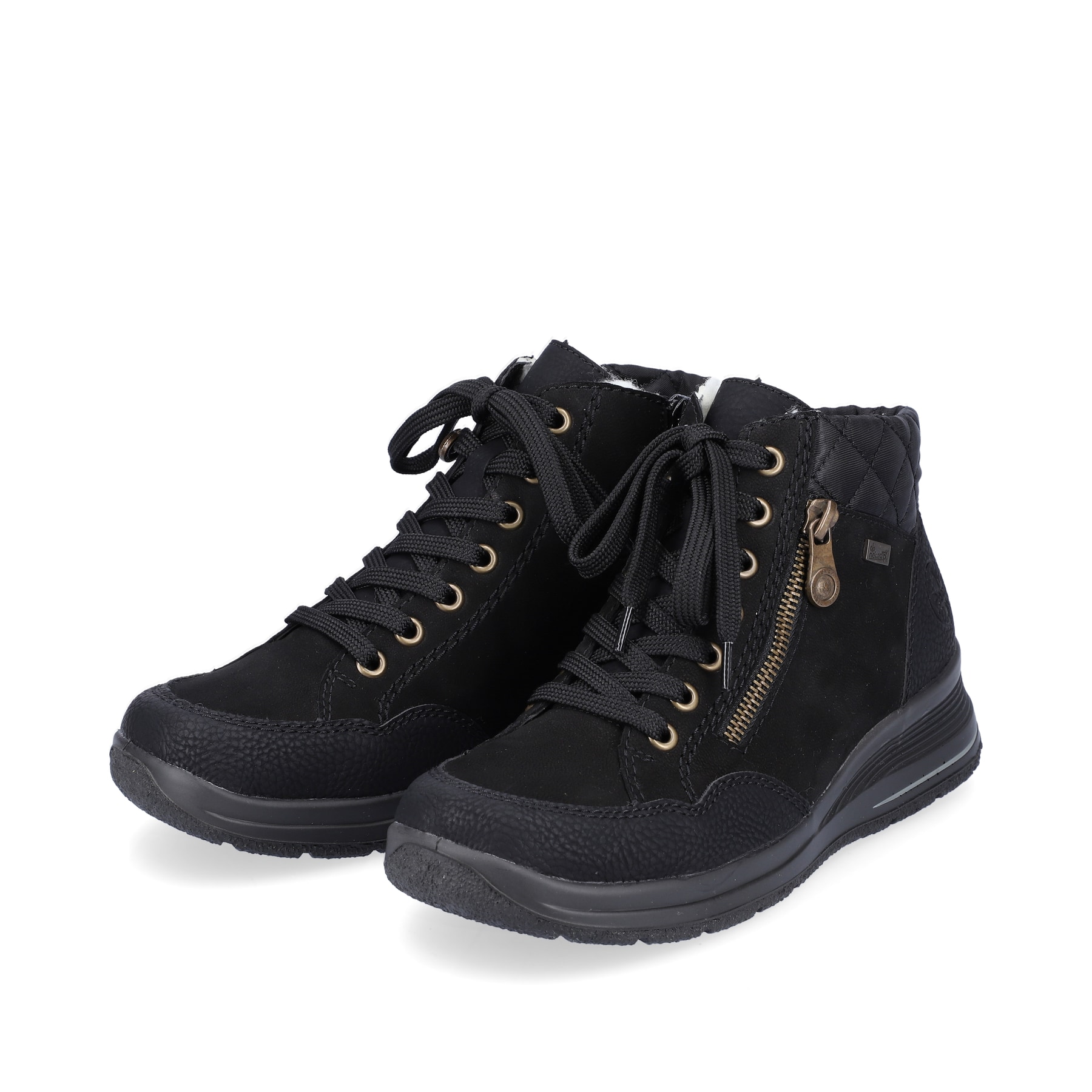 Tiefschwarze Rieker Damen Schnürschuhe L7701-00 mit Schnürung und Reißverschluss. Schuhpaar schräg.