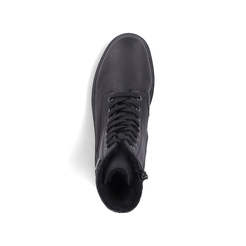 Schwarze Rieker Damen Biker Boots Z9447-00 mit wasserabweisender TEX-Membran. Schuh Laufsohle.