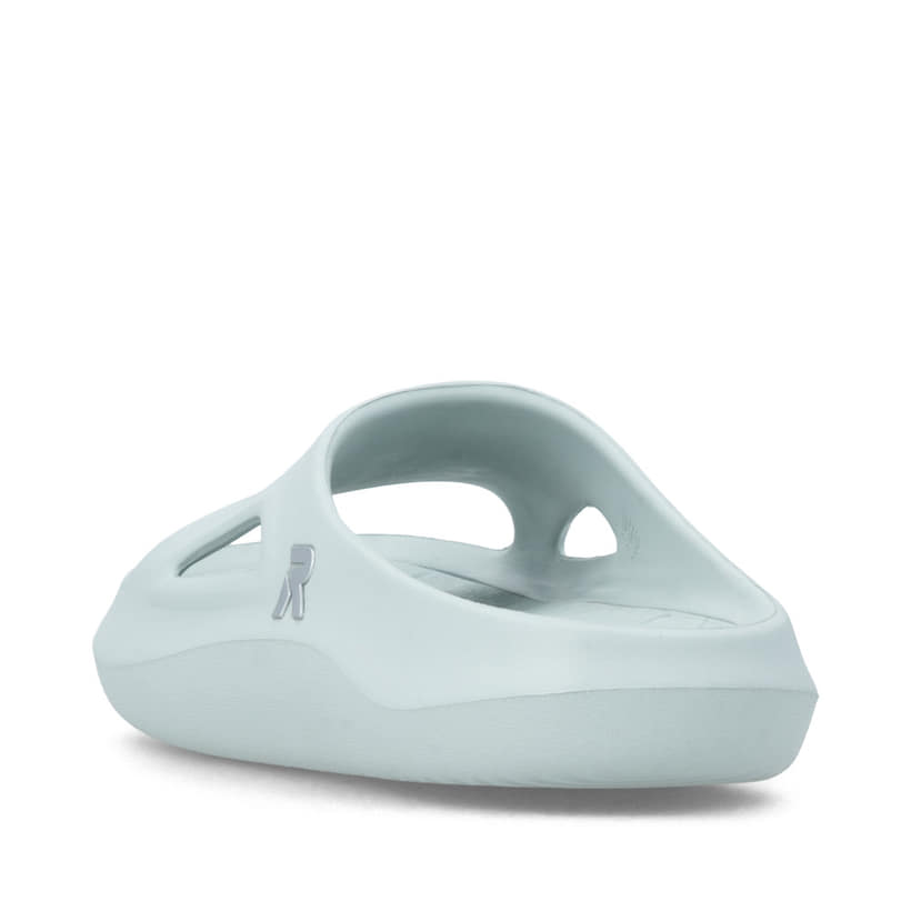 Grüne Rieker Damen Pantoletten W3450-53 mit flexibler und ultraleichter Sohle. Schuh von hinten.