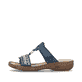 Blaue Rieker Damen Pantoletten 628M6-14 mit modischen Flechtelementen. Schuh Außenseite.