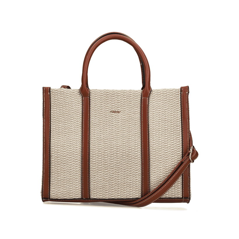 Sac à main Rieker H1013-60 beige avec aspect raphia et fermeture éclair. Devant.