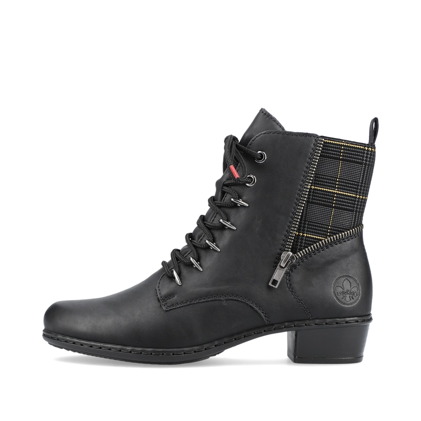 
Tiefschwarze Rieker Damen Stiefeletten Y0700-01 mit Schnürung und Reißverschluss. Schuh Außenseite
