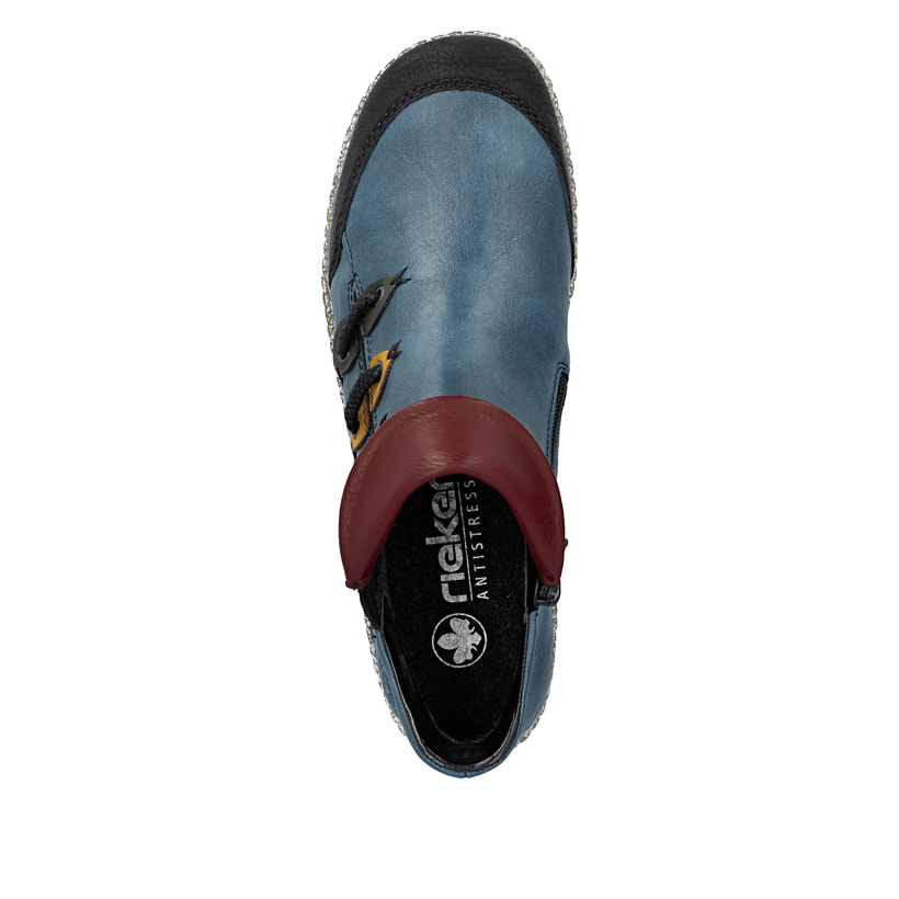 Ozeanblaue Rieker Damen Slipper Z7582-00 mit einer Profilsohle. Schuh von oben