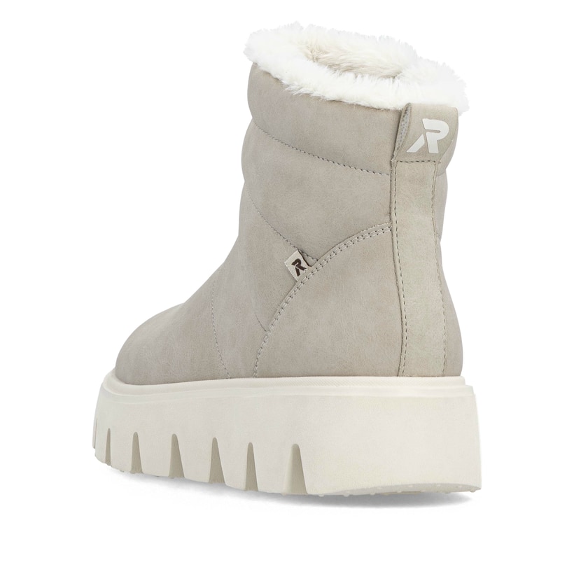 Beige Rieker Damen Kurzstiefel W2070-62 aus Glattleder mit einem Reißverschluss. Schuh von hinten.