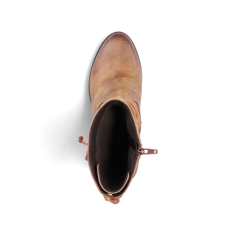 Zimtbraune Rieker Damen Stiefeletten 96073-22 mit einer Profilsohle mit Blockabsatz. Schuh von oben