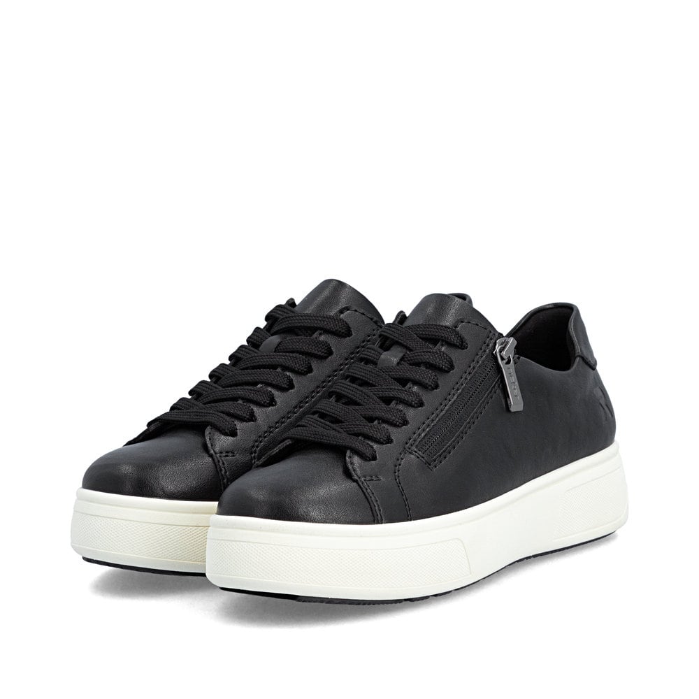 Baskets basses Rieker noires pour femme M7701-00 avec fermeture éclair. Chaussures inclinées sur le côté.