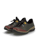 Dunkelgrüne Rieker Damen Slipper N3271-54 mit farbenfrohen Details. Schuhpaar seitlich schräg.