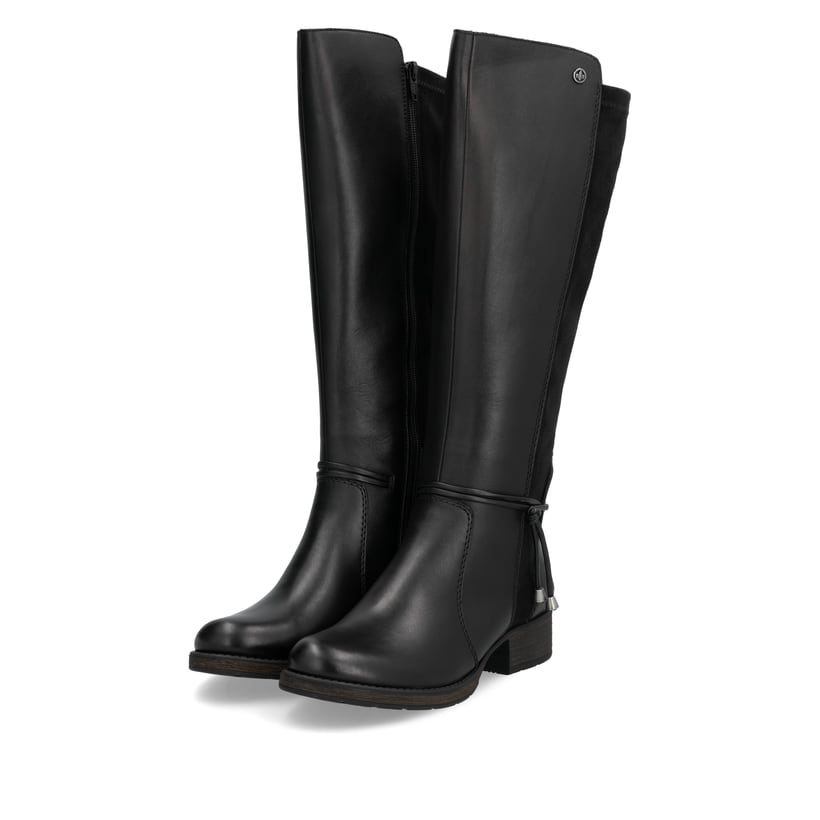 Schwarze Rieker Damen Hochschaftstiefel Z9564-00 aus Glattleder. Schuhpaar seitlich schräg.