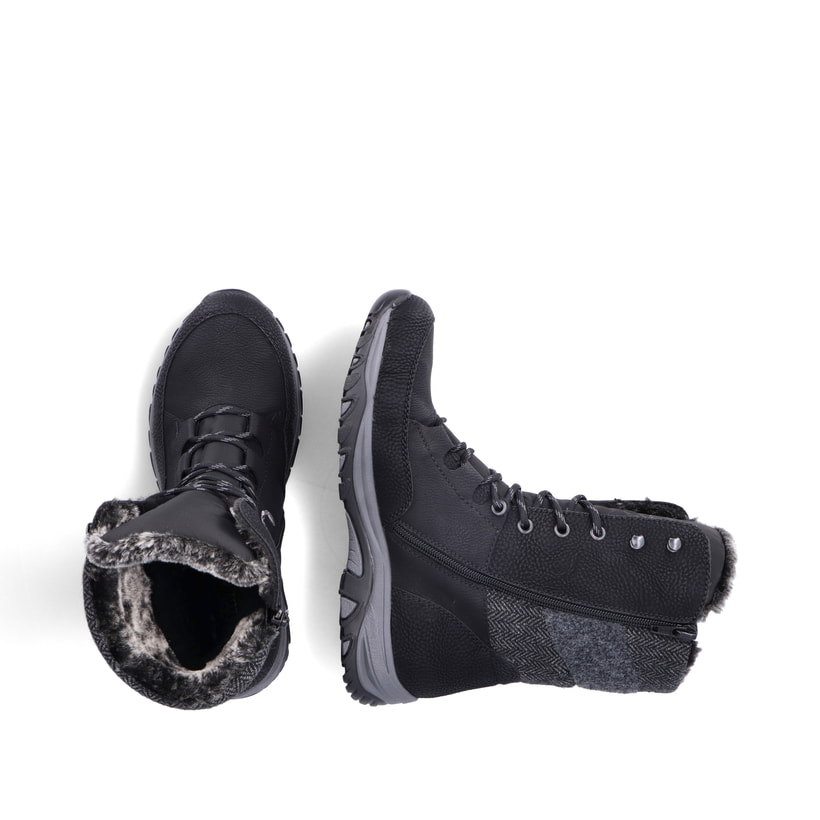 Schwarz-graue Rieker Damen Schnürstiefel M9643-01 mit einem Reißverschluss. Schuh von oben, liegend.