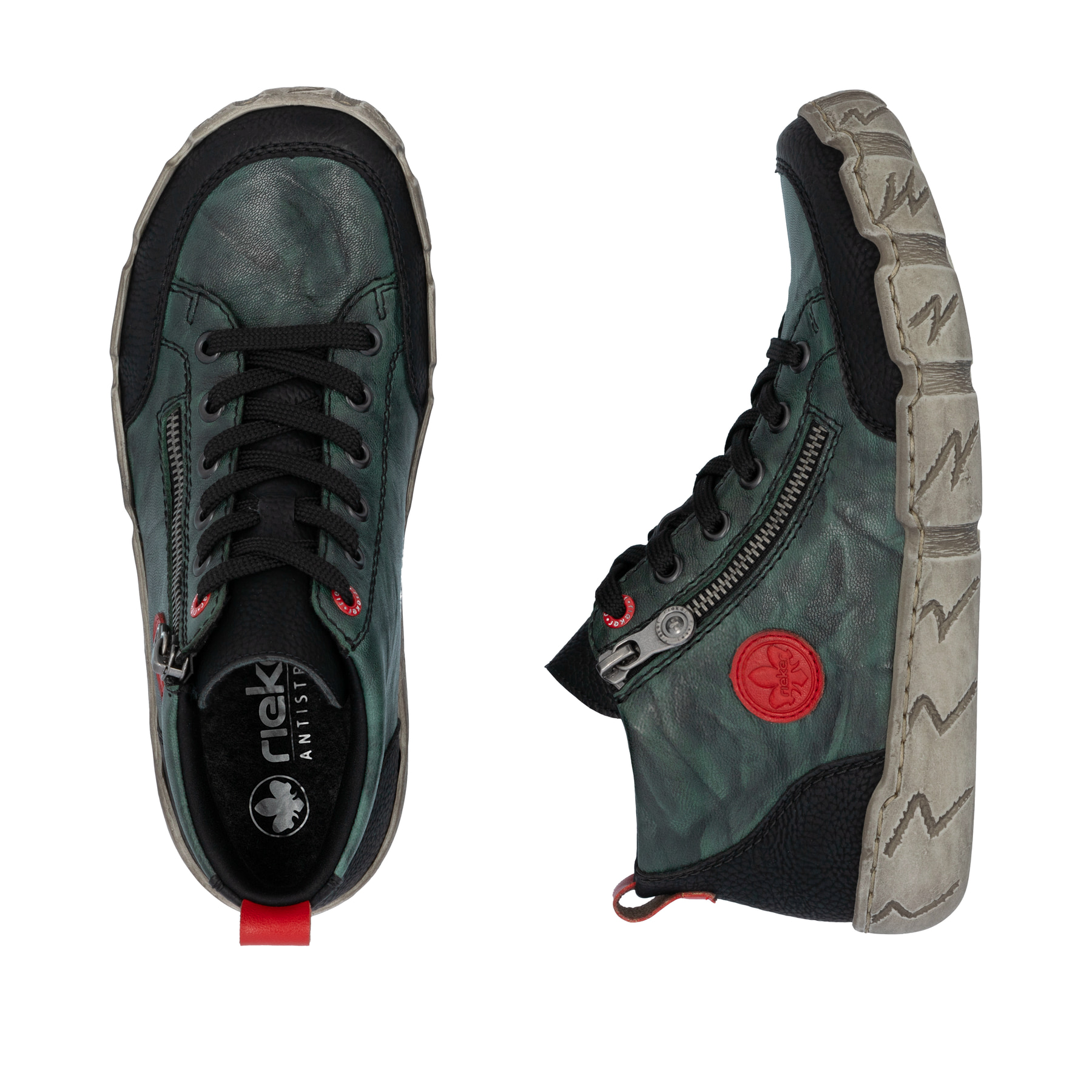 Grünschwarze Rieker Damen Kurzstiefel L0306-54 aus Glattleder mit rundem Logo. Schuh von oben, liegend.