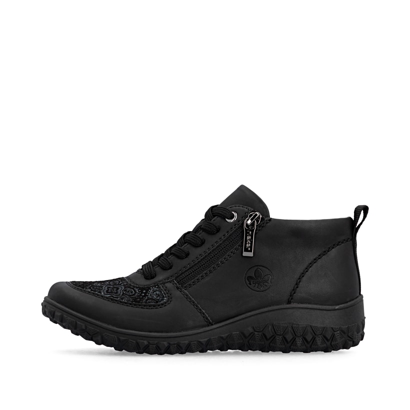 Schwarze Rieker Damen Schnürstiefel 59541-00 mit einem Reißverschluss. Schuh Außenseite.