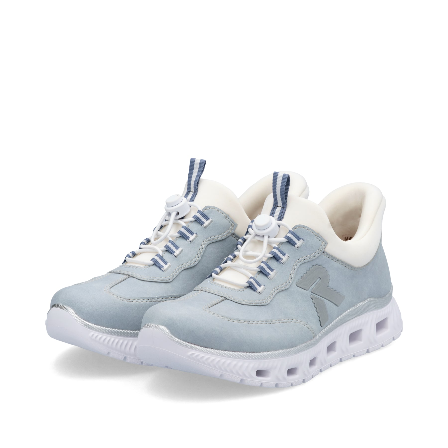 Baskets basses Rieker bleues pour femme M6071-12 avec bande élastique. Chaussures inclinées sur le côté.