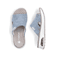 Blaue vegane Rieker Damen Pantoletten 65651-12 mit Rieker Air Sohlenfenster. Schuh von oben, liegend.