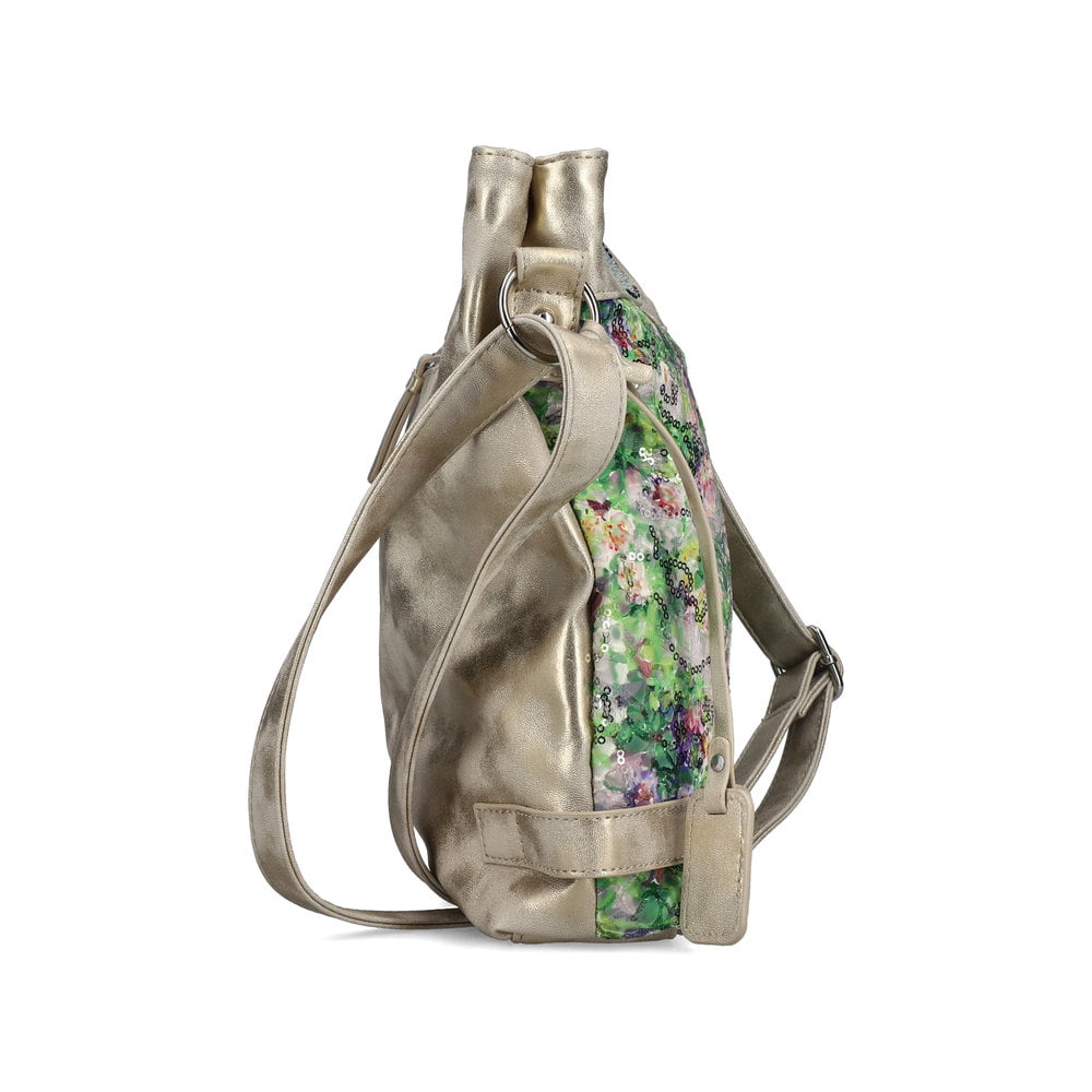 Sac à main Rieker H1304-90 vert brodé de sequins, de détails argentés et de fermeture éclair. Côté droit.