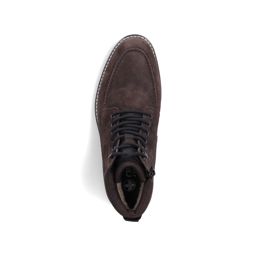 Dunkelbraune Rieker Herren Schnürstiefel 13744-26 aus Rauleder. Schuh von oben.