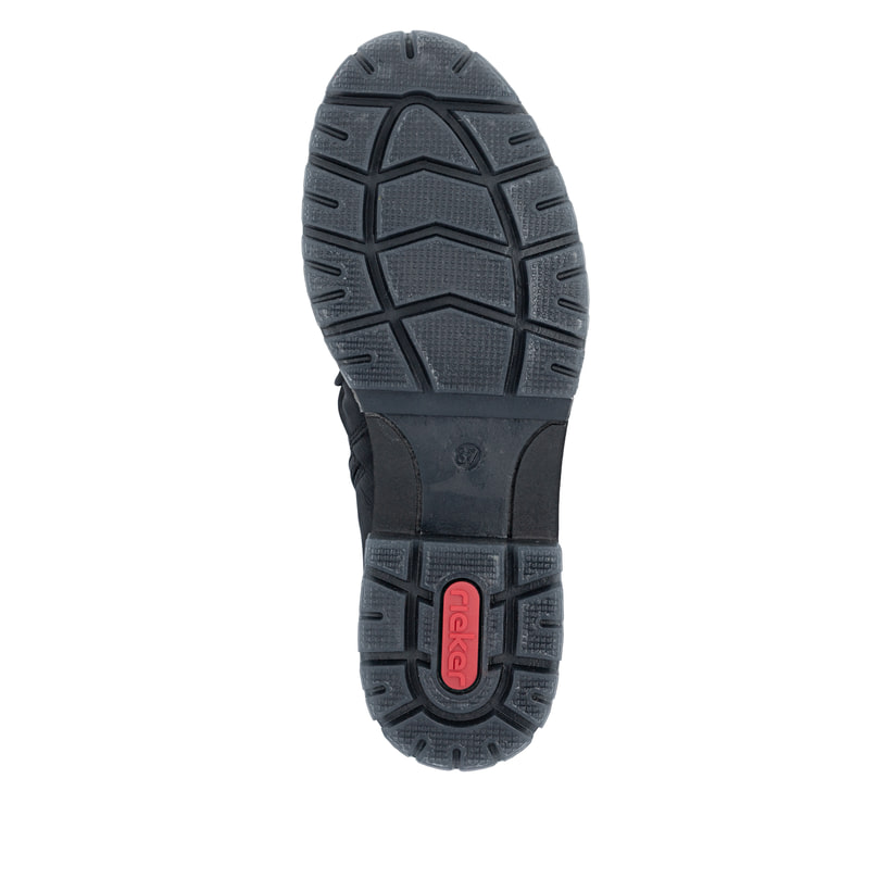 Schwarze Rieker Damen Kurzstiefel 75851-00 mit modischer Faltenoptik. Schuh Laufsohle.